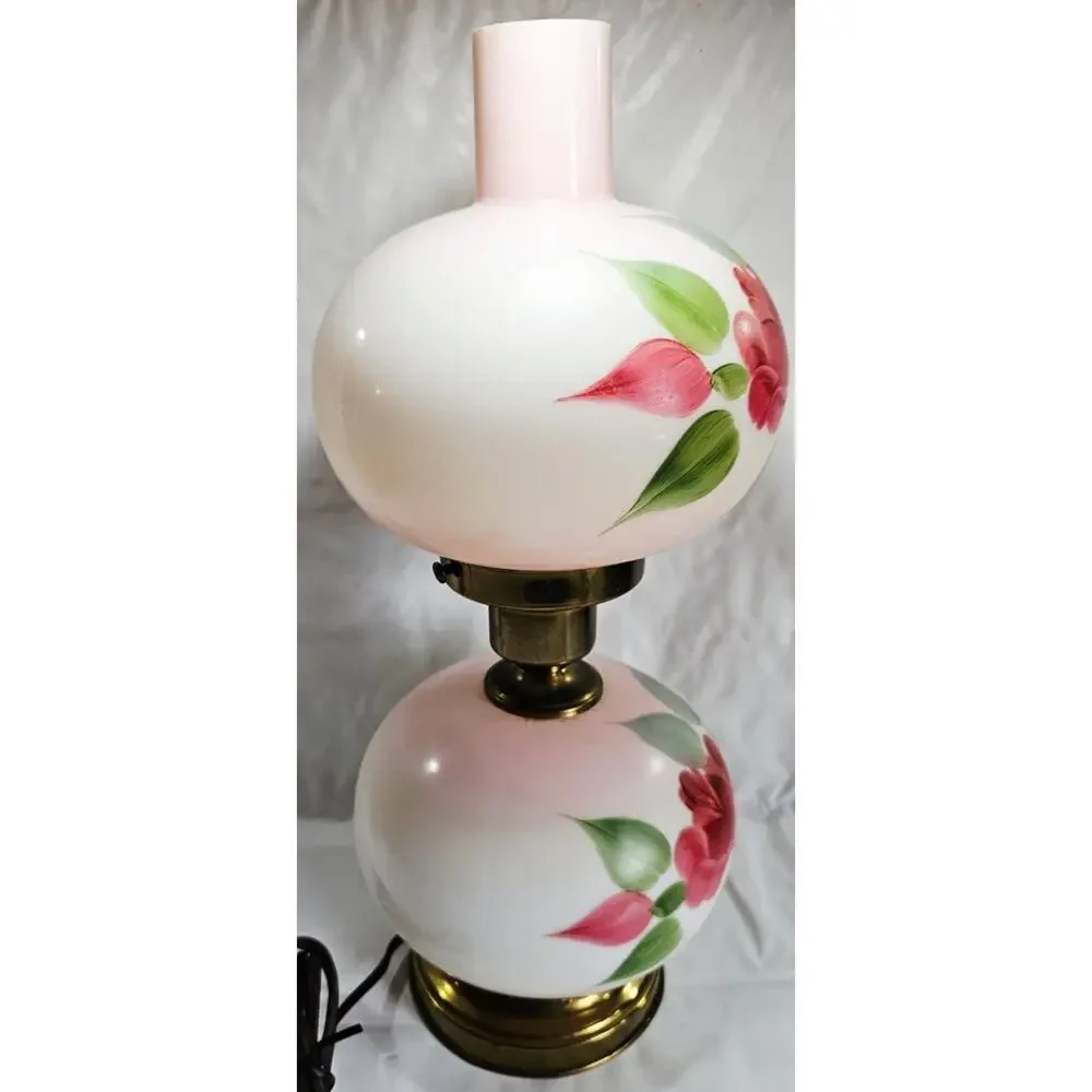 Vintage Hand Painted Pink Floral Gone With The Wind Hurricane Parlor Lamp 16.5